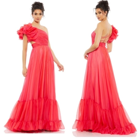 NWT Mac Duggal A67941 Pink Chiffon Evening Gown Maxi Dress Corset Back 4 Ieena - Picture 2 of 12